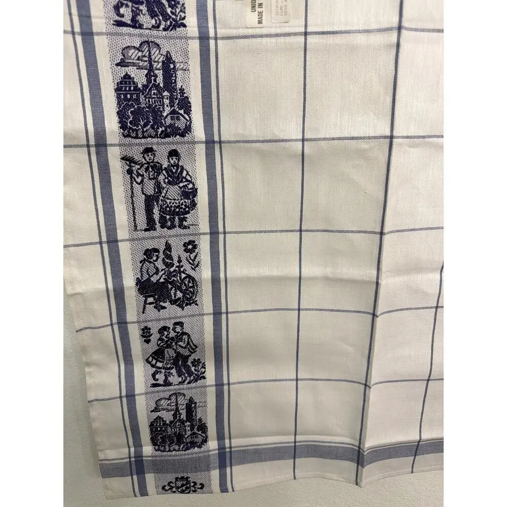 Vtg Blue White German Folk Theme Design Linen Kitchen Tea Towels Grandma Core